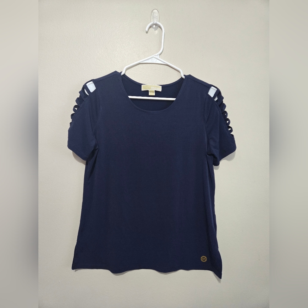 Michael Kors Short Sleeve Top with Cutout Sleeve Detail Navy Womens Medium